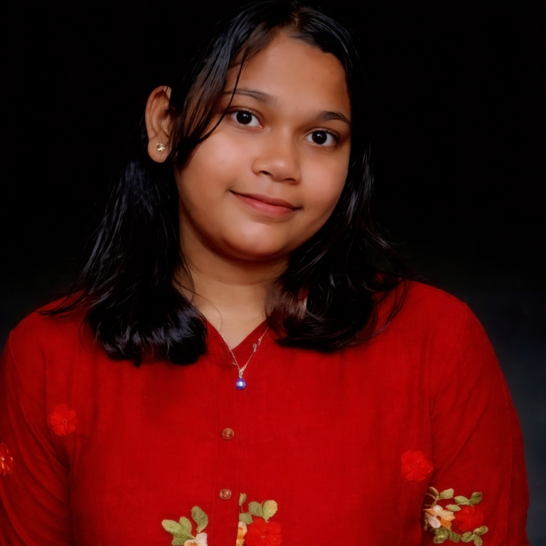 Warm smile in vibrant red blouse